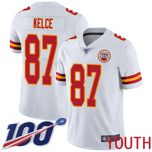 Youth Kansas City Chiefs #87 Kelce Travis White Vapor Untouchable Limited Player 100th Season Football Nike NFL Jersey->youth nfl jersey->Youth Jersey